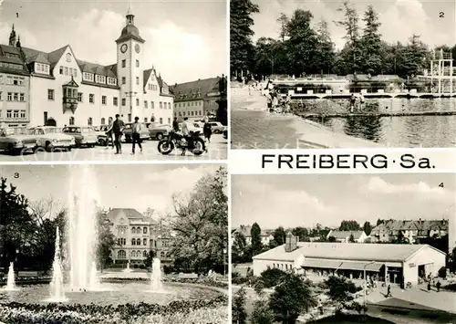 AK / Ansichtskarte Freiberg_Sachsen Schwimmbad Rathaus Park Kaufhalle Wasserberg Freiberg Sachsen