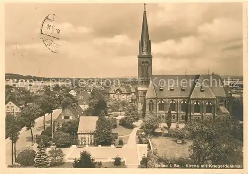 AK / Ansichtskarte Gruena_Sachsen Kirche Kriegerdenkmal Gruena Sachsen