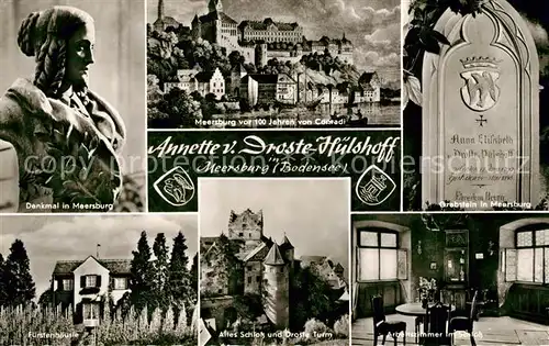 AK / Ansichtskarte Meersburg_Bodensee Denkmal Fuerstenhaeusle Schloss Droste Turm Grabstein Annette von Droste Huelshoff Meersburg Bodensee
