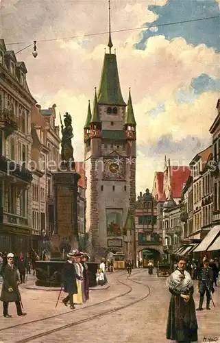 AK / Ansichtskarte Freiburg_Breisgau Strassenbahn Stadttor Martintor Kuenstlerkarte Hoffmann Kaiserstrasse Freiburg Breisgau