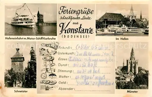 AK / Ansichtskarte Konstanz_Bodensee Hafeneinfahrt MS Karlsruhe Hafenpartie Schnetztor Muenster Konstanz_Bodensee