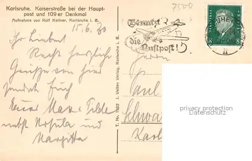 AK / Ansichtskarte Karlsruhe_Baden Kaiserstrasse Hauptpost 109er Denkmal Karlsruhe_Baden