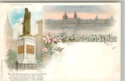 AK / Ansichtskarte Mainz_Rhein Stadtbild vom Castel aus gesehen Gutenberg Denkmal Litho Mainz Rhein