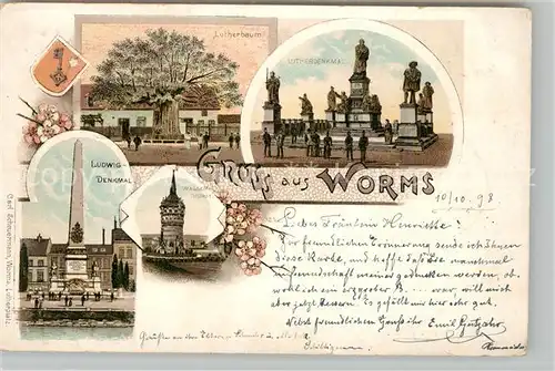 AK / Ansichtskarte Worms_Rhein Lutherbaum Ludwigdenkmal Wasserturm Lutherdenkmal Litho Worms Rhein