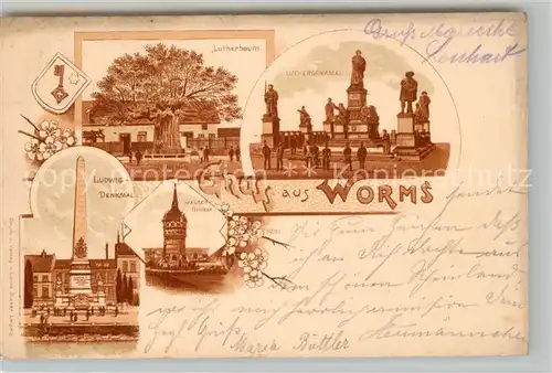 AK / Ansichtskarte Worms_Rhein Ludwigdenkmal Lutherbaum Wasserturm Lutherdenkmal Litho Worms Rhein