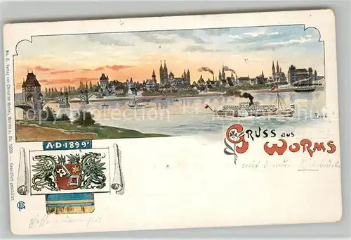 AK / Ansichtskarte Worms_Rhein Stadtpanorama Rheinbruecke Wappen Kuenstlerkarte Worms Rhein