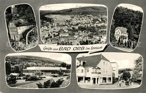 AK / Ansichtskarte Bad_Orb Stadtpanorama Gaestehaus Haselruh Muehle Wasserrad Halle Apotheke Bad_Orb