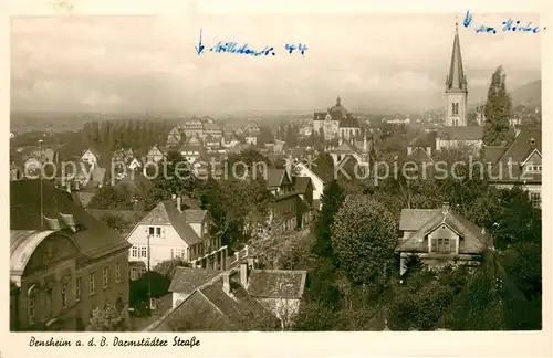 AK / Ansichtskarte Bensheim_Bergstrasse Stadtpanorama mit Darmstaedter Strasse Kirche Bensheim_Bergstrasse