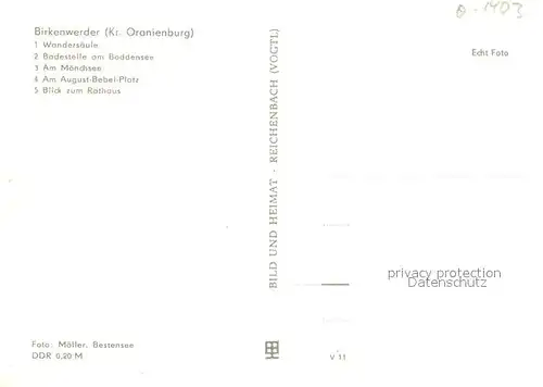 AK / Ansichtskarte Birkenwerder Wandersaeule Badestelle am Boddensee Moenchsee Aug Bebel Platz Rathausblick Birkenwerder