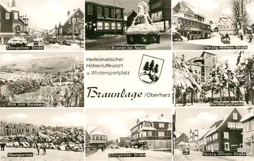 AK / Ansichtskarte Braunlage Elbingeroder Strasse Brunnen bei Nacht Wurmbergschanze Winter Braunlage