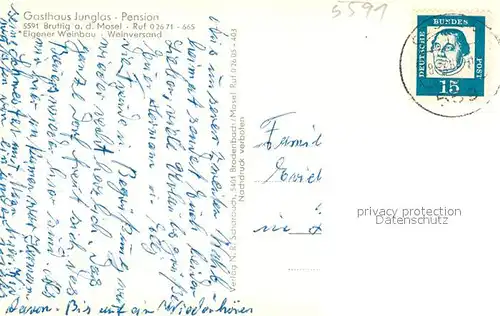 AK / Ansichtskarte Bruttig_Mosel Gasthaus Pension Junglas Gastraum Bruttig Mosel