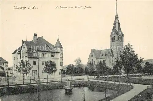 AK / Ansichtskarte Coswig_Sachsen Anlagen am Wettinplatz Kirche Coswig Sachsen