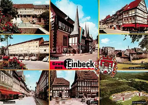 AK / Ansichtskarte Einbeck_Niedersachsen Anlagen Moencheplatz Marktstr Rathaus Markt Tidexer Str Alte Stadtmauer Krankenhaus Einbeck Niedersachsen