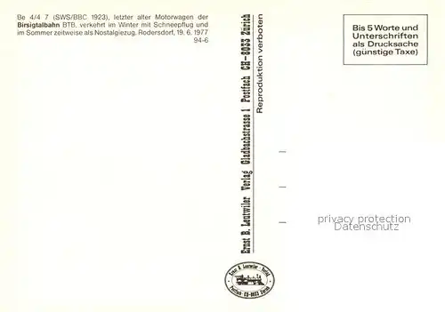 AK / Ansichtskarte Eisenbahn Be 4 4 7 Birsigtalbahn  Eisenbahn