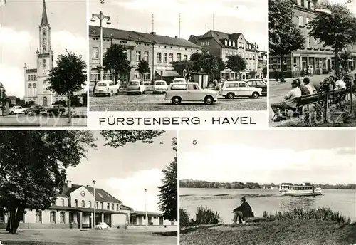 AK / Ansichtskarte Fuerstenberg_Havel Kirche Marktplatz Thaelmann Strasse Bahnhof Havelpartie Fuerstenberg_Havel