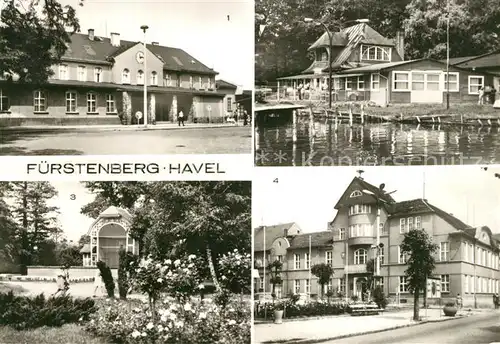 AK / Ansichtskarte Fuerstenberg_Havel Bahnhof Gaststaette Anglerheim Schwedtsee Musikpavillon Rathaus Fuerstenberg_Havel