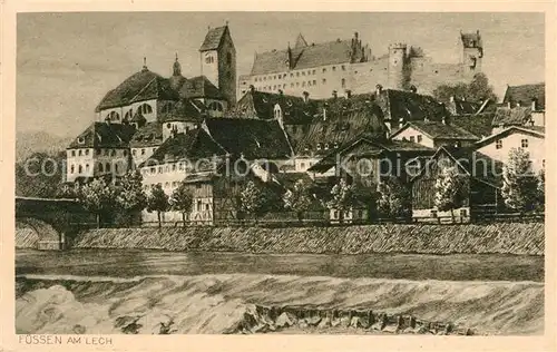 AK / Ansichtskarte Fuessen_Allgaeu Schloss Lechpartie Radierung Fuessen Allgaeu