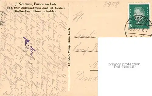 AK / Ansichtskarte Fuessen_Allgaeu Schloss Lechpartie Radierung Fuessen Allgaeu