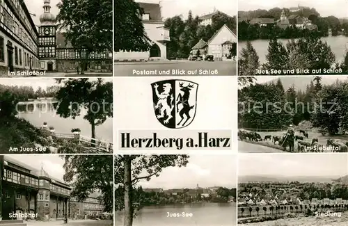 AK / Ansichtskarte Herzberg_Harz Schlosshof Postamt Schloss Jues See  Herzberg Harz