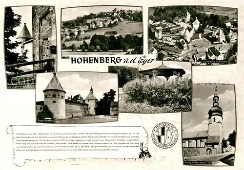 AK / Ansichtskarte Hohenberg_Eger Storchenturm Burgmauer Zugbruecke Burg Kirche Brunnen Fliegeraufnahme Chronik Hohenberg Eger