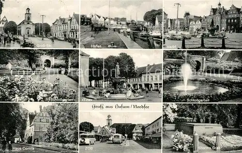 AK / Ansichtskarte Husum_Nordfriesland Gross Strasse Hafen Markt Haus Cornils Schlossgarten ZOB Husum_Nordfriesland