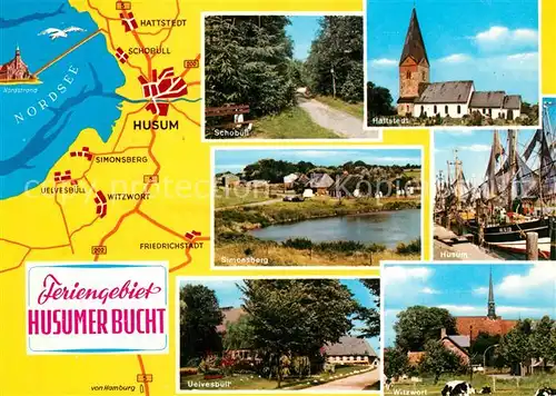AK / Ansichtskarte Husum_Nordfriesland Kirche Hafen Witzwort Simonsberg Schobuess Panoramakarte Husum_Nordfriesland