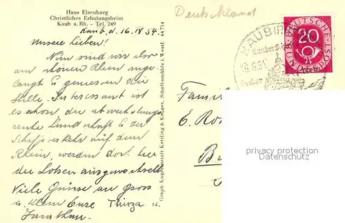 AK / Ansichtskarte Kaub_Rhein Christliches Erholungsheim Haus Elsenburg Weinberge Rheintal Kaub_Rhein