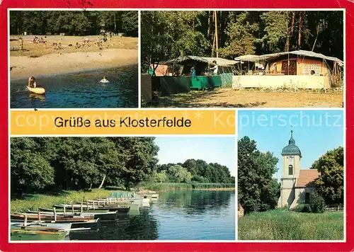 AK / Ansichtskarte Klosterfelde Badestelle Lottschesee Zeltplatz Bootsliegeplatz Dorfkirche Klosterfelde