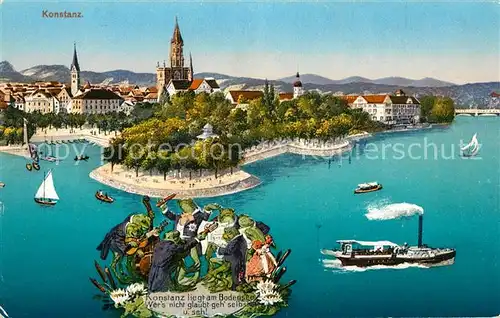 AK / Ansichtskarte Konstanz_Bodensee Hafen Stadtpanorama Froesche Musiker Tiere Kuenstlerkarte Konstanz_Bodensee