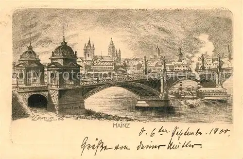 AK / Ansichtskarte Mainz_Rhein Rheinbruecke Dampfer Blick zum Dom Zeichnung Kuenstlerkarte Deutsche Reichspost Mainz Rhein