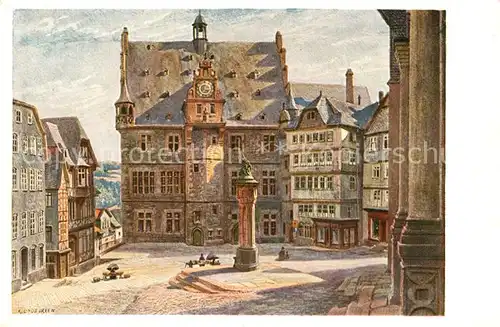 AK / Ansichtskarte Marburg_Lahn Marktplatz mit Rathaus Gemaelde K. Lindegreen Nr. 6 Kuenstlerkarte Marburg_Lahn
