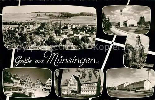 AK / Ansichtskarte Muensingen Panorama Kirche Schloss Lichtenstein Altstadt Brunnen Fachwerkhaeuser Muensingen