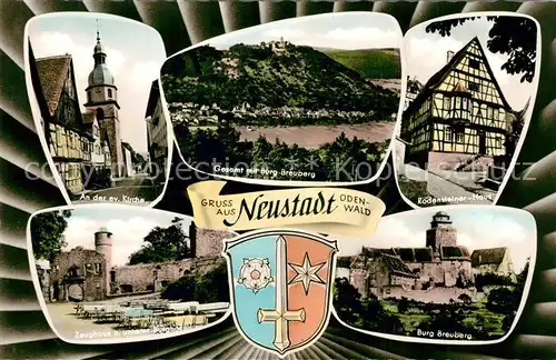 AK / Ansichtskarte Neustadt_Odenwald Panorama mit Burg Breuburg Kirche Rodensteiner Haus Fachwerkhaus Zeughaus Burghof Wappen Neustadt_Odenwald