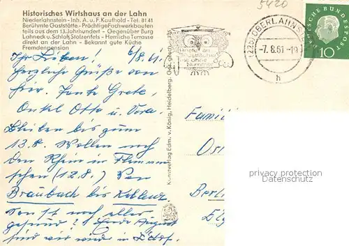 AK / Ansichtskarte Niederlahnstein Historisches Wirtshaus an der Lahn Lenk dein Boot  Niederlahnstein