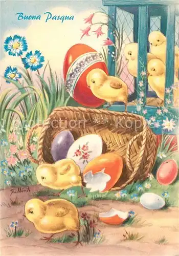 AK / Ansichtskarte Ostern_Easter_Paques Kueken Ostereier Blumen  