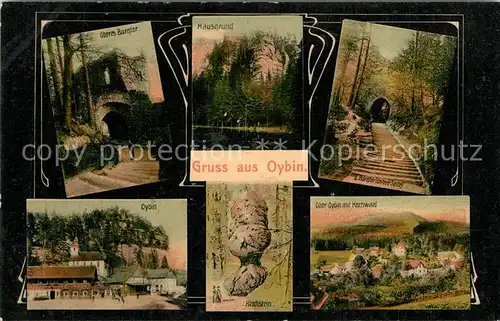AK / Ansichtskarte Oybin Ortsmotiv mit Kirche Berg Oybin Klosterruine Burgtor Kelchstein Hochwald Zittauer Gebirge Oybin