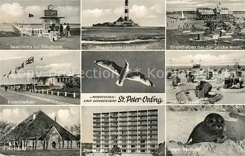 AK / Ansichtskarte Peter Ording_St Seehund Kurmittelhaus Sandbank Arhe Noah Leuchtturm Peter Ording_St