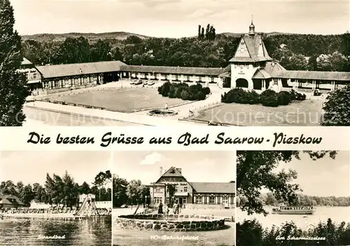 AK / Ansichtskarte Pieskow_Bad_Saarow Strandbad HO Bahnhofshotel Scharmuetzelsee Bahnhof Park Pieskow_Bad_Saarow