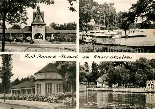 AK / Ansichtskarte Pieskow_Bad_Saarow Scharmuetzelsee Bahnhof Brunnen Schiffsanlegestelle Pieskow_Bad_Saarow