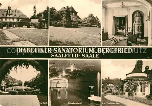 AK / Ansichtskarte Saalfeld_Saale Schwimmbad Park Teehaeuschen Sanatorium Saalfeld_Saale