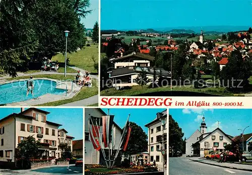 AK / Ansichtskarte Scheidegg_Allgaeu Wassertreten Panorama Fahnenplatz Strassenpartie Scheidegg Allgaeu