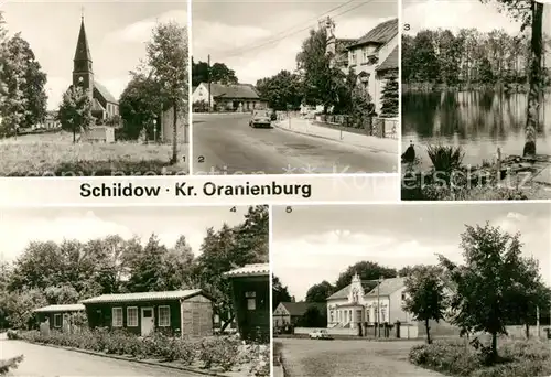 AK / Ansichtskarte Schildow Kirche Katharinensee Bungalows der Jugendherberge Paul Richter Dorfplatz Schildow