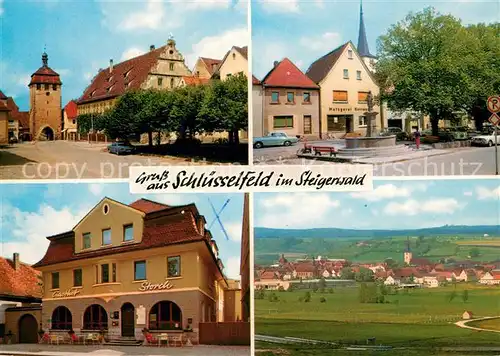 AK / Ansichtskarte Schluesselfeld Gasthof Storch ADAC Hotel Panorama Brunnen Stadttor Schluesselfeld