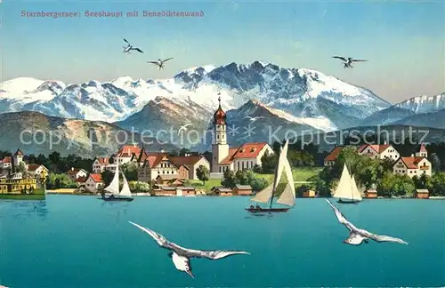 AK / Ansichtskarte Seeshaupt Starnbergersee mit Benediktenwand Bayerische Voralpen Moewen Segeln Seeshaupt