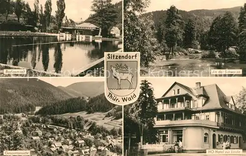 AK / Ansichtskarte Sitzendorf_Thueringen Schwimmbad ASchwarza Panorama HO Hotel Linde Sitzendorf Thueringen