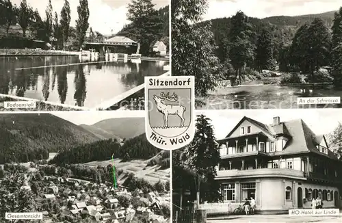 AK / Ansichtskarte Sitzendorf_Thueringen HO Hotel Linde Schwimmbad Panorama Schwarza Sitzendorf Thueringen