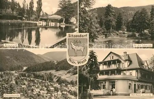 AK / Ansichtskarte Sitzendorf_Thueringen Schwimmbad Schwarza HO Hotel Linde Panorama Sitzendorf Thueringen