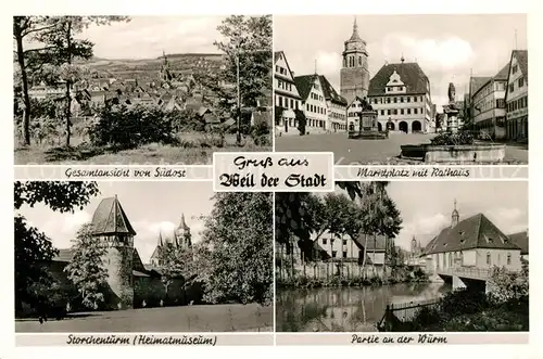 Weil_der_Stadt Gesamtansicht Marktplatz Rathaus Storchenheim Heimatmuseum Partie an der Wuerm Weil_der_Stadt