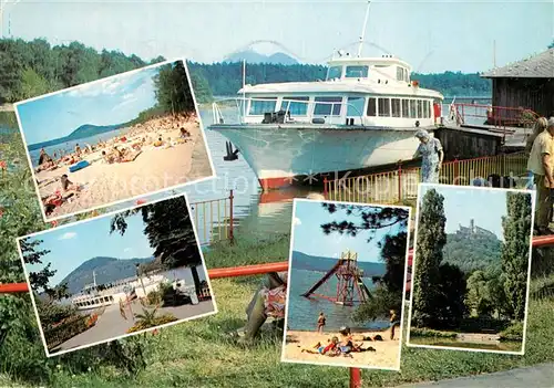 AK / Ansichtskarte Machovo_Jezero Pristav motorove lodi Race Hlavni plaz v Doksech Lodni doprava na jezere Pohled na cast jezera Bezdez Machovo Jezero