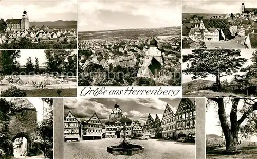 AK / Ansichtskarte Herrenberg_Wuerttemberg Stadtpanorama Kirche Tor Alte Baeume Marktplatz Altstadt Fachwerkhaeuser Bromsilber Herrenberg Wuerttemberg